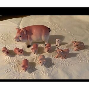 Farm Animals Mommy Pig Plus 9 Piglets Vintage Collectibles Ceramic Made In Japan